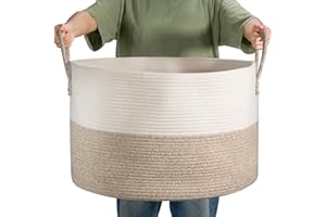 Noonkty XXL Blanket Basket Storage for Living Room, 21.7" X 21.7" X 13.8" Toy Storage Baskets with Handles, Large Cotton Rope Baskets, Laundry Basket for Blanket, Clothes, Pillows (Brown)