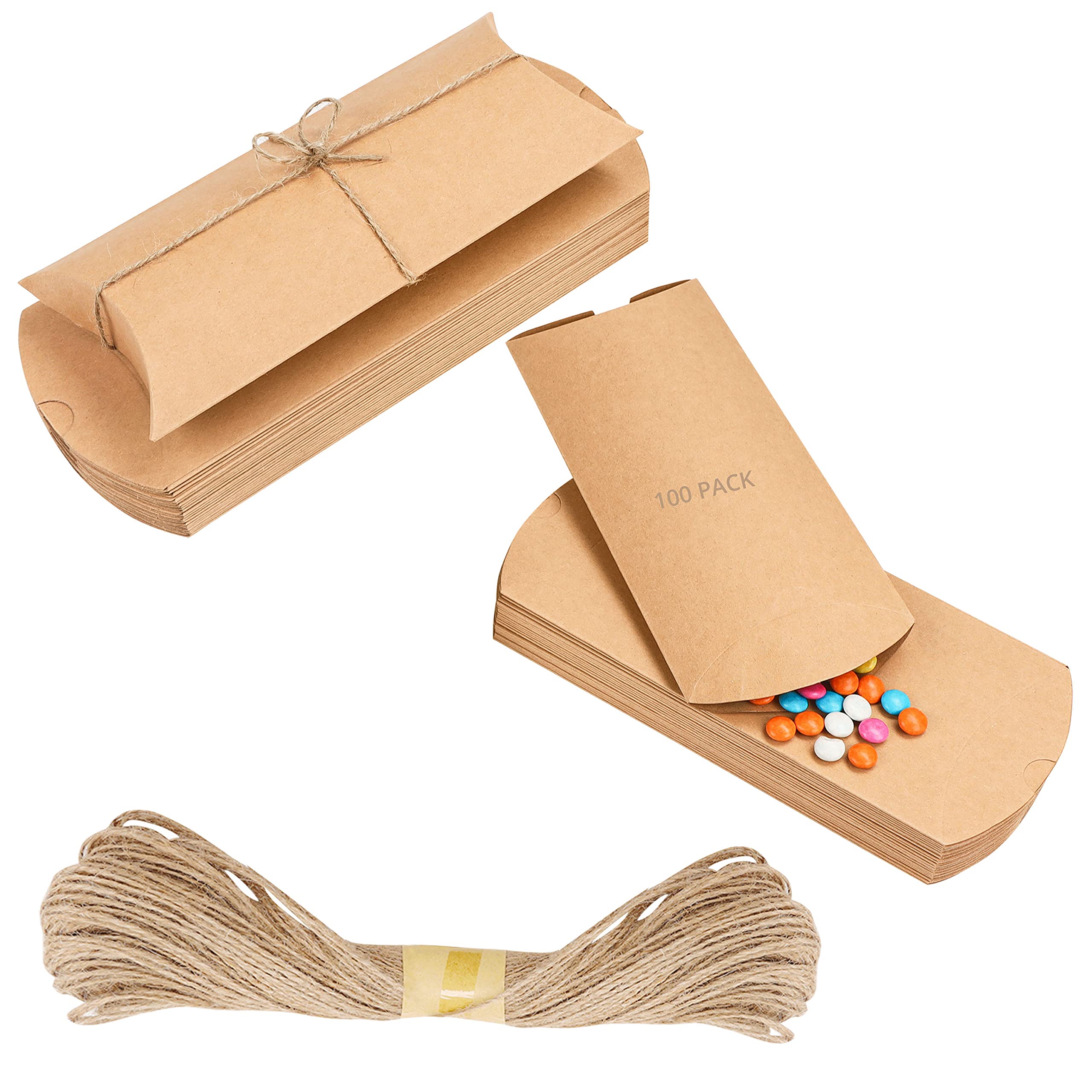 Belle Vous Brown Kraft Paper Pillow Favour Boxes with Twine (100 Pack) - Vintage Kraft Style Candy Treat Boxes for Wedding, Birthday Party, Christmas, Baby Shower and Gifts