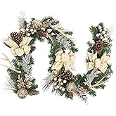 Adeeing Christmas Garland with Lights, Champagne Gold 6FT 20LED Pre-Lit Christmas Garland with Ball Ornaments, Ribbons, Pine Cones and Artificial Antlers for Door Mantle Stairs Christmas Decoration