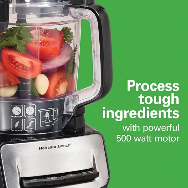 HAMILTON BEACH STACK & SNAP FOOD PROCESSOR AND VEGETABLE CHOPPER, STAINLESS STEEL BLADES, 14 CUP + 4-CUP MINI BOWLS, 3-SPEED 500 WATT MOTOR, BLACK (70585)