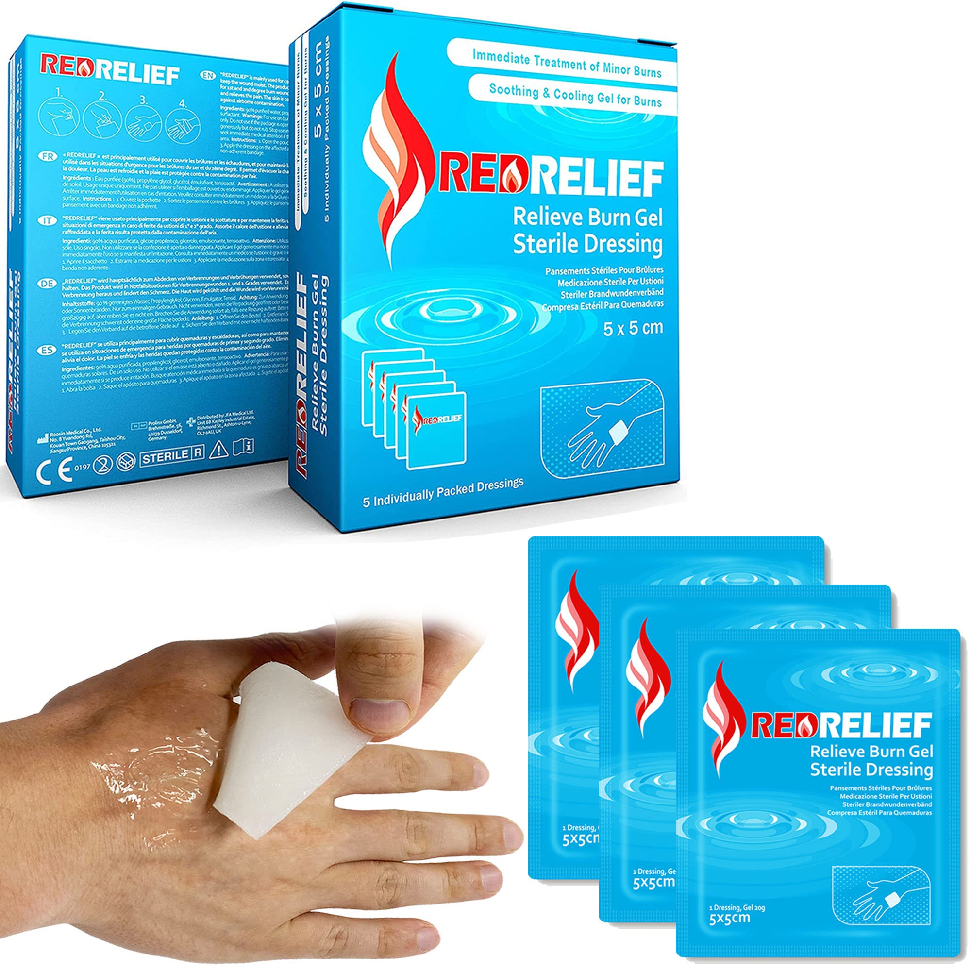 RedRelief Emergency Burn Dressing 5x5cm Pack of 5 - Cools, soothes and relieves Pain
