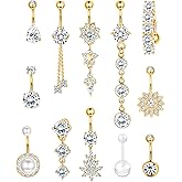 FIBO STEEL 14G Belly Button Rings Dangle 316L Stainless Steel Belly Rings for Women Navel Piercing Jewelry 12 Pcs