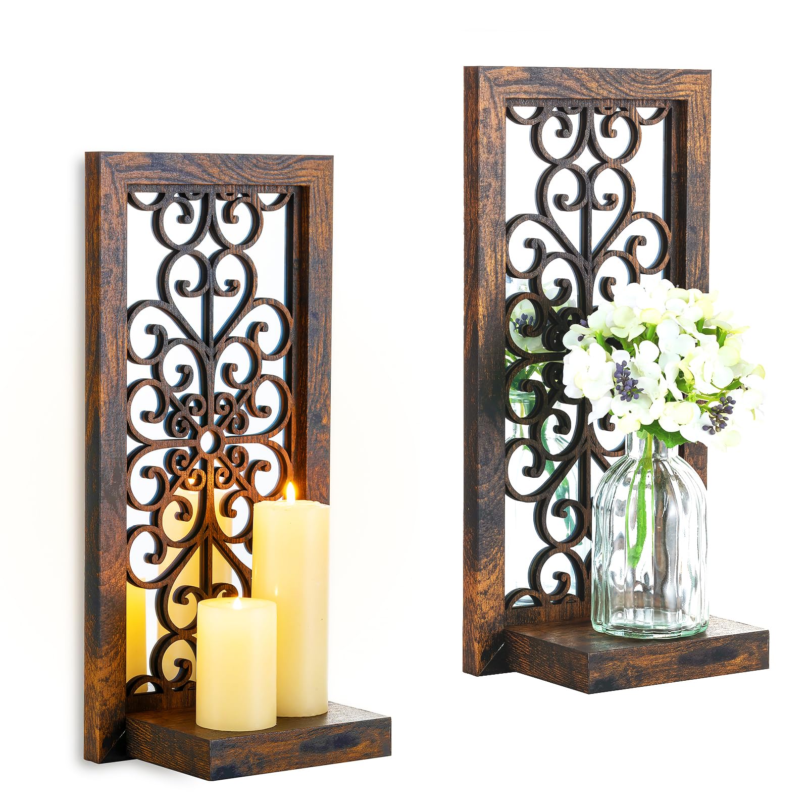 Photo 1 of ** SOLD AS IS NO RETURN/REFUNDS**
Walasis Farmhouse Wall Candle Holder Decor: Rustic Candle Sconces Set of Two for Pillar Candles - Brown Wooden Shelving for Fireplace Bathroom Hallway