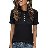 Cicy Bell Womens Puff Short Sleeve Sweater Tops Ruffle Henley Neck Spring Summer Pullover Dressy Casual Knit Shirts