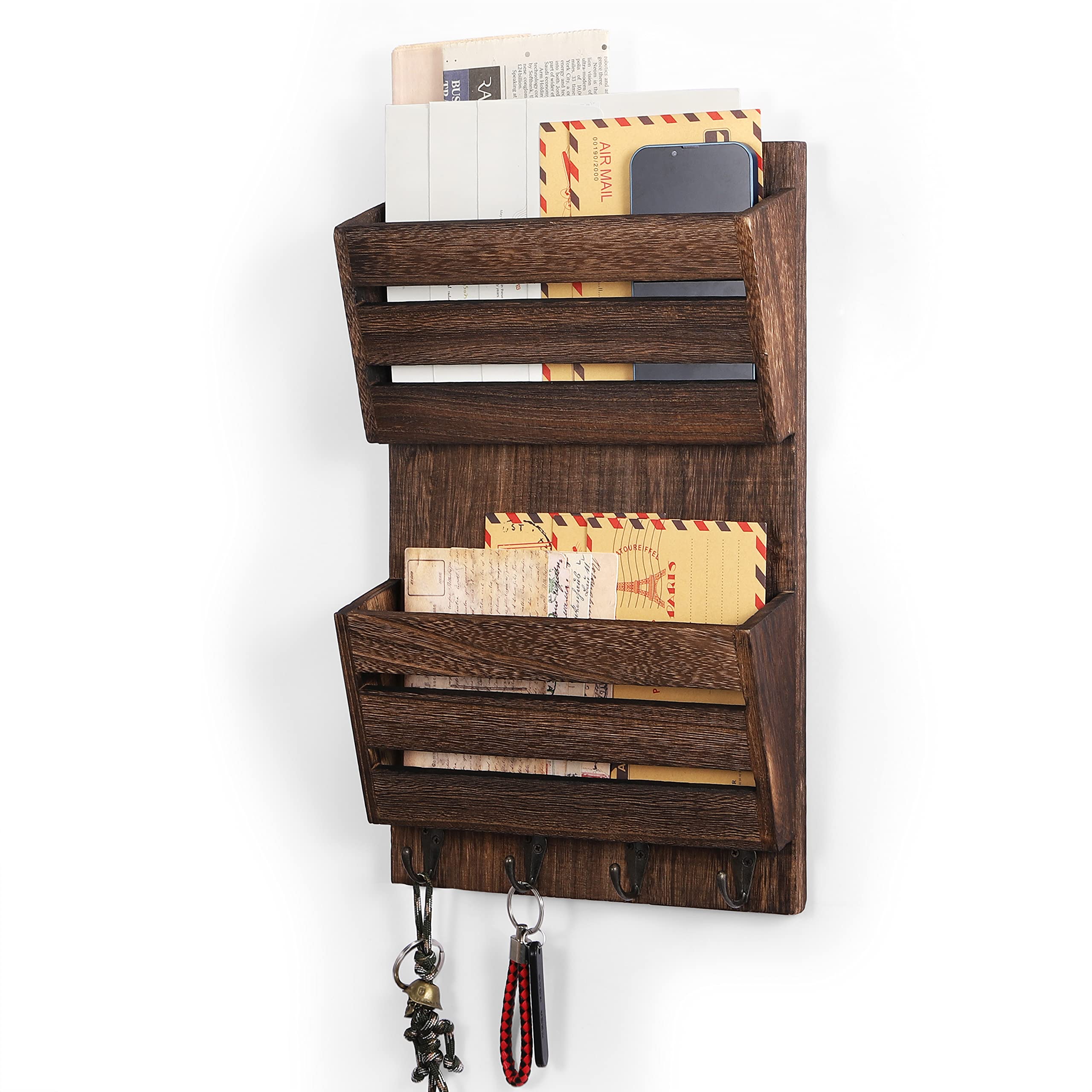 Photo 1 of MOOACE Mail Organizer Wall Mount with Key Hooks, 2-Slot Wood Mail and Key Holder, Wall File Organizer Office Letter Folder Accessories Organizer Home Farmhouse Decor