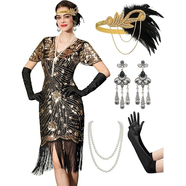 IWIWB Women's 1920s Flapper Dress Set With Accessories - Beaded Fringed Gatsby Party Costume