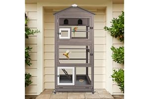 Gowoodhut 68.8"L Outdoor Bird Aviary Indoor Wooden Large Bird Cage Parakeet Cage on Wheels,Removable Wire Netting Slide Pull Out Tray, 2 Perches, Nest House,Ideal for Small Birds,Finches,Parrots,Grey