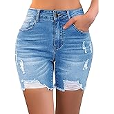 roswear Women’s Casual Summer Ripped High Waisted Shorts Stretch Distressed Frayed Raw Hem Jean Shorts
