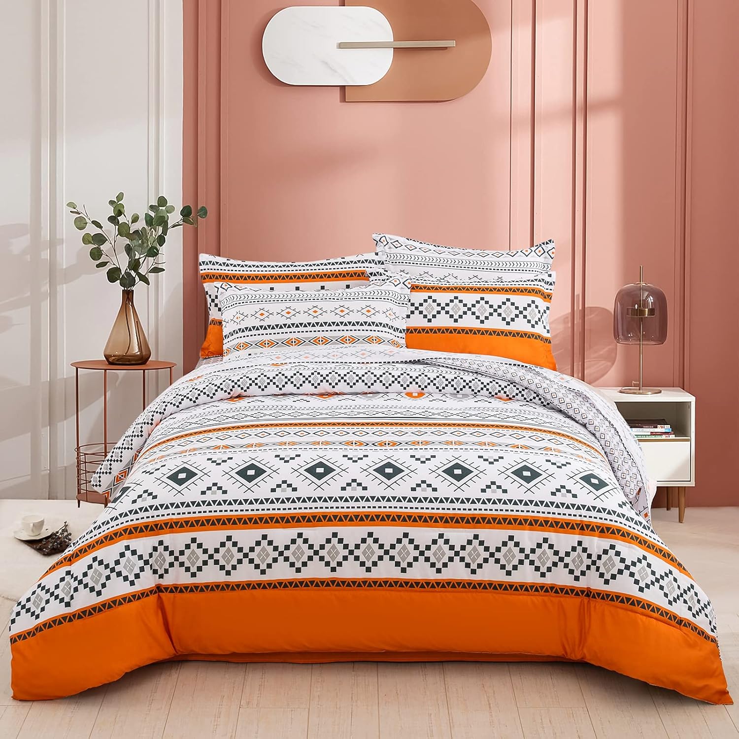 Boho 7 Pieces Bed in a Bag Comforter Set Queen Reversible Geometric Duvet Set Bohemia Orange and White Bedding Set (1 Comforter, 2 Pillow Shams,1 Flat Sheet, 1 Fitted Sheet, 2 Pillowcases)