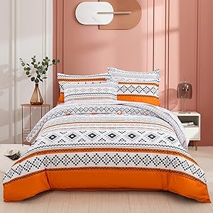 Boho 7 Pieces Bed in a Bag Comforter Set Queen Reversible Geometric Duvet Set Bohemia Orange and White Bedding Set (1 Comforter, 2 Pillow Shams,1 Flat Sheet, 1 Fitted Sheet, 2 Pillowcases)