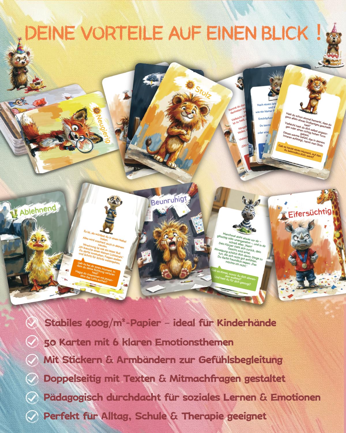 Gefühlskarten Kinder – 50 Emotionskarten für Empathie & Selbstbewusstsein Kinder 3–12 | robust mit Soft-Touch | inkl. Sticker & Armbänder 9