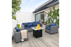 Lviden 4 Piece Wicker Patio Furniture Sets Outdoor Conversation Set PE Rattan Sectional Sofa Couch with Fire Pit Table and Royal Blue Cushions