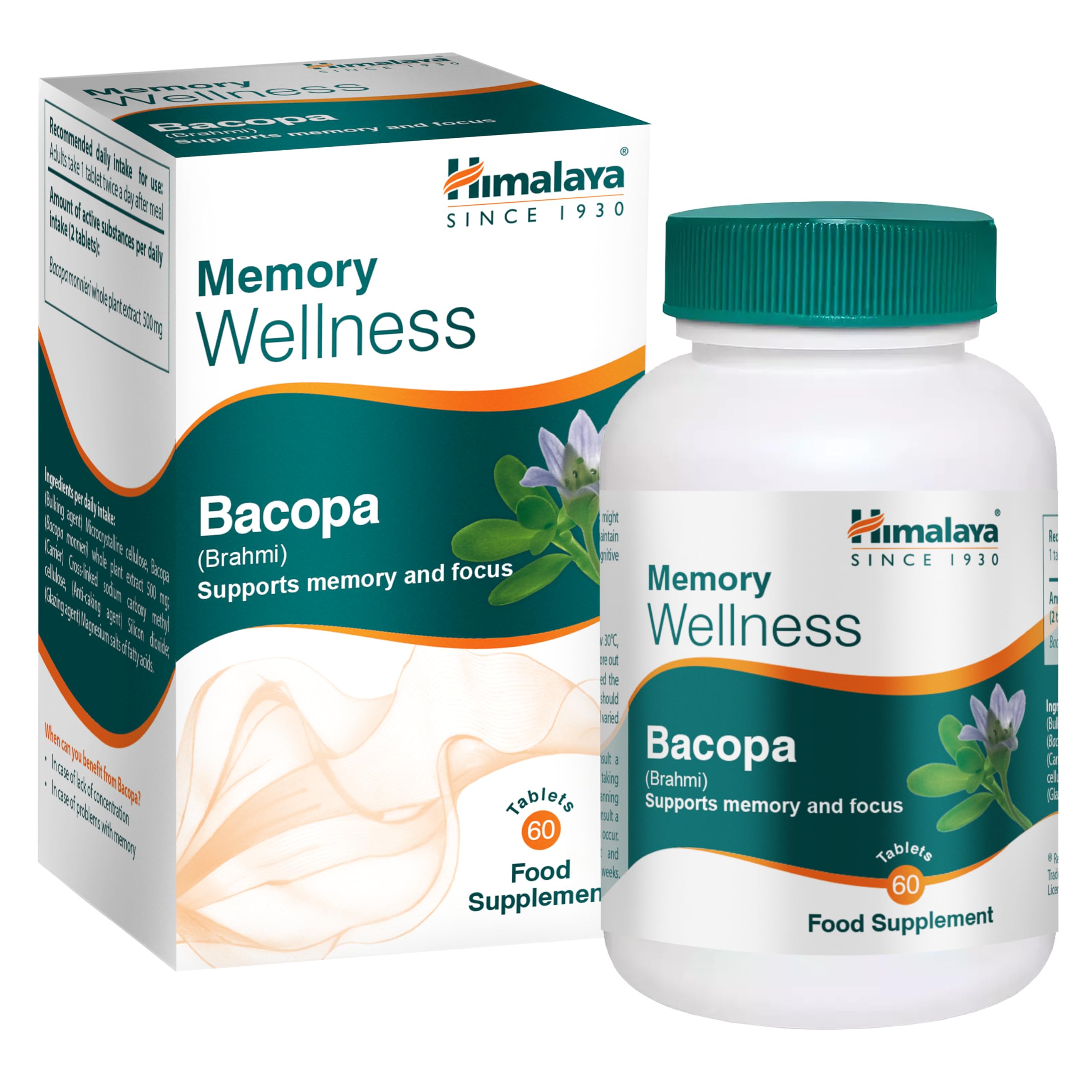 Himalaya Herbals Pure Herbs Bacopa Monnieri Herbal Food Supplement | Supports Memory Wellness, Learning, Concentration and Focus, Supports Mental Alertness - 60 Capsules