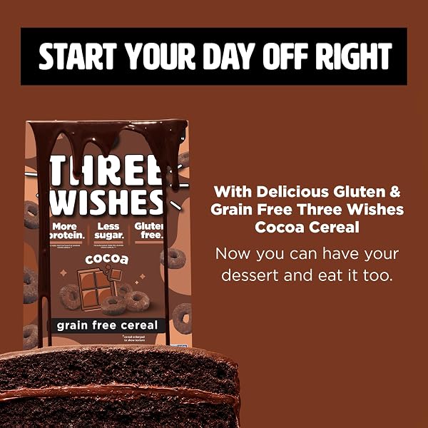 PLANT-BASED AND VEGAN BREAKFAST CEREAL BY THREE WISHES – COCOA, 1 PACK – MORE PROTEIN AND LESS SUGAR SNACK – GLUTEN-FREE, GRAIN-FREE – NON-GMO