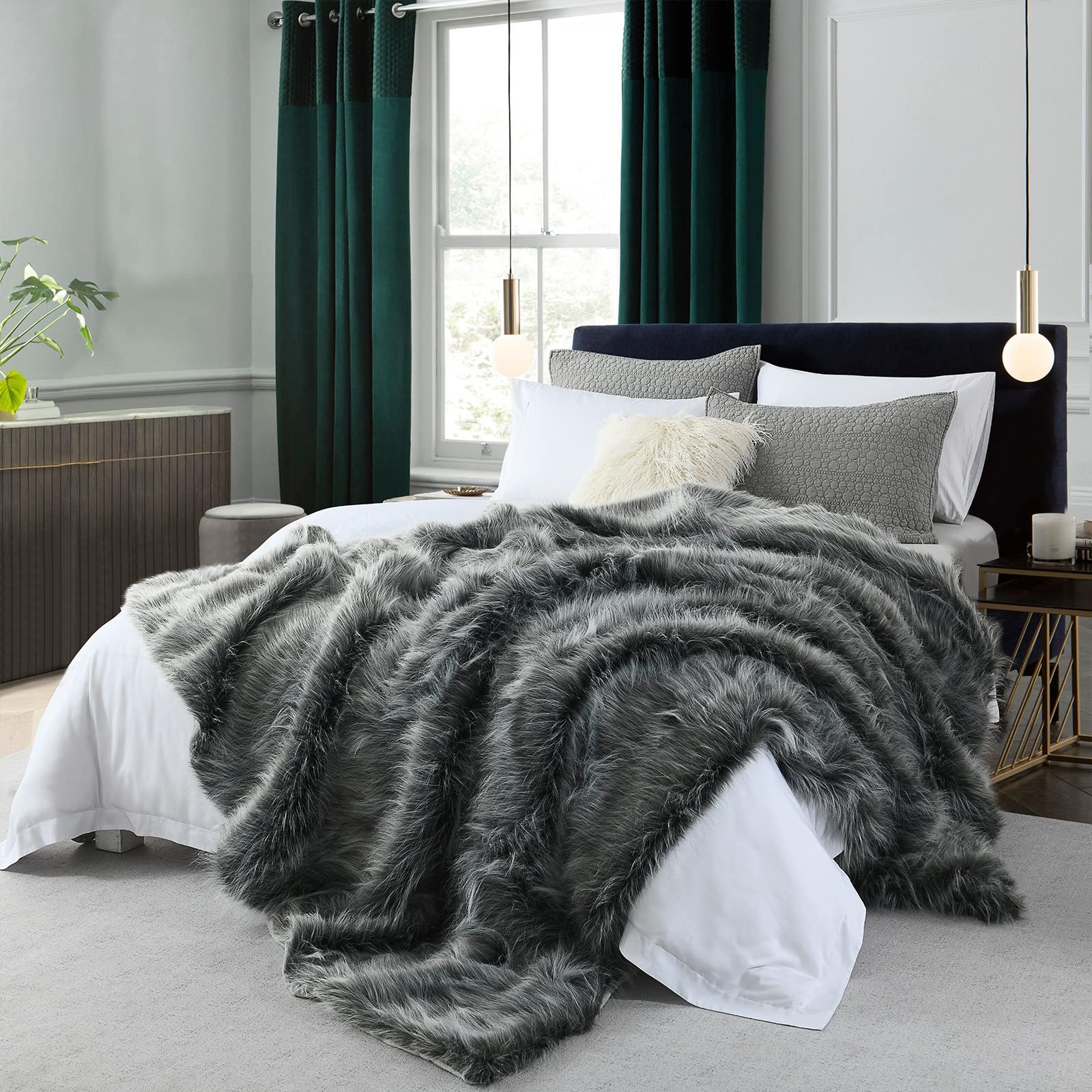 Photo 1 of Luxury Faux Fur Blanket Queen Size, Ultra Big Grey and Black High Pile Mixed Faux Fur Throw, Oversized Super Warm, Fuzzy, Elegant, Fluffy Decoration Throw Blanket for Sofa, Couch and Bed, 90''x 90"