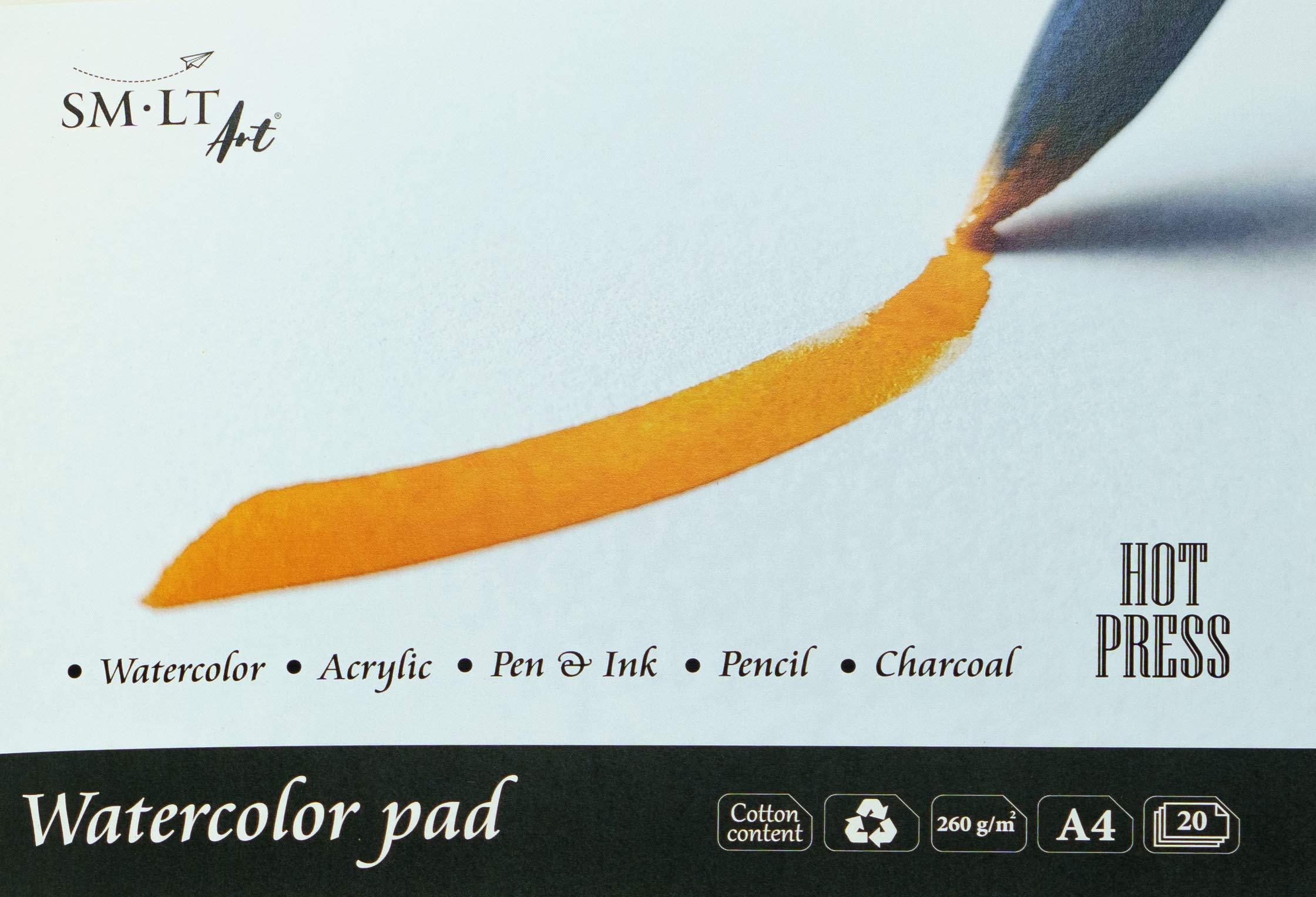 SMLT AS-20 (260)/HP Traditional Hot Press Watercolour Paper A4, Watercolour Paper 260gsm White 100% Recycled Paper with Cotton, Age-Resistant and Acid , 20 Sheets