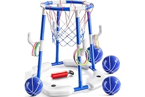 SITODIER Pool Basketball Hoop, 2-in-1 Floating Pool Water Play Toys and Ring Game with 4 Balls and Pump, Outdoor Summer Swimm