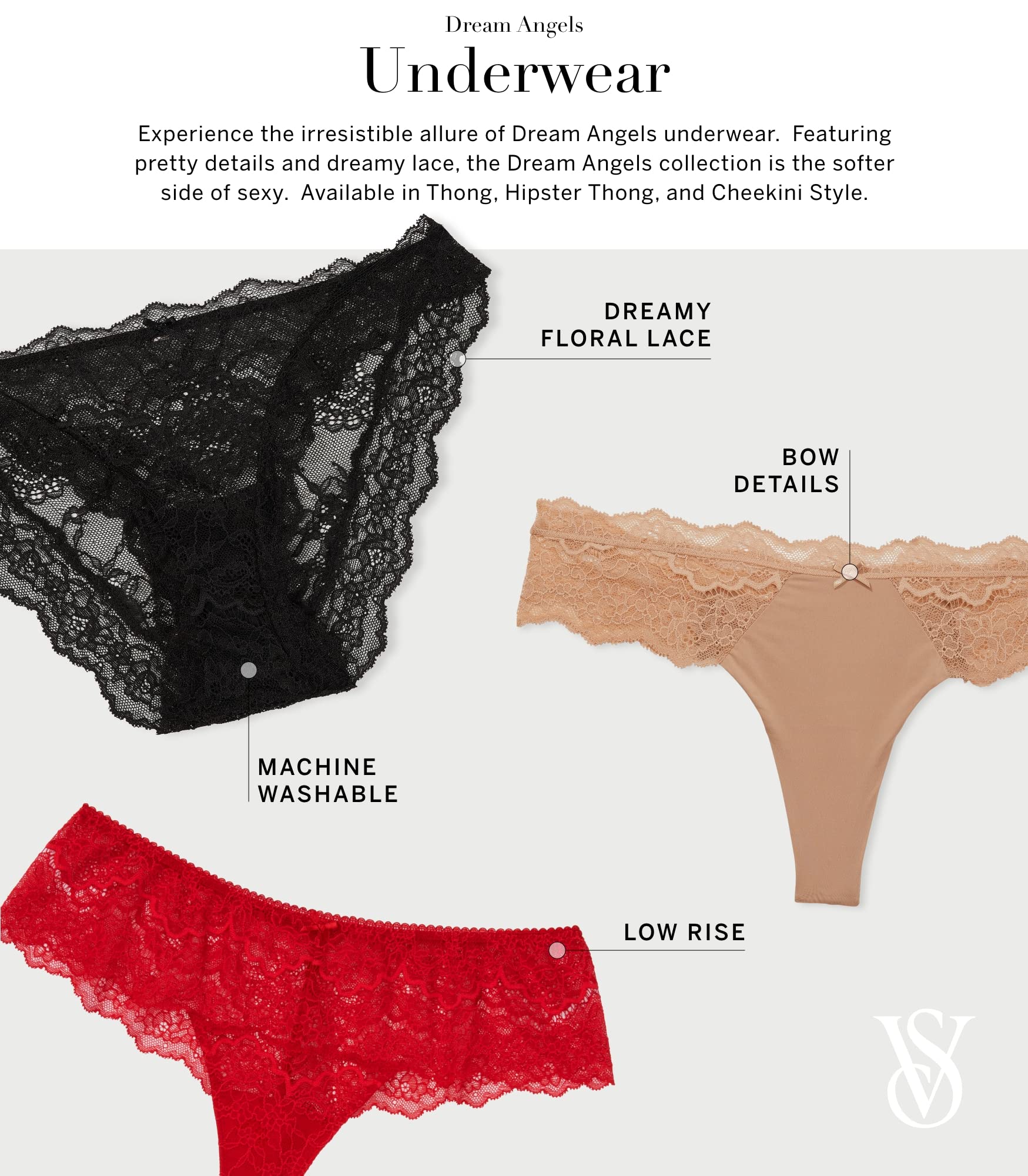 Victoria's Secret Dream Angels Lace Cheekini Panty, Underwear for Women, White (S)