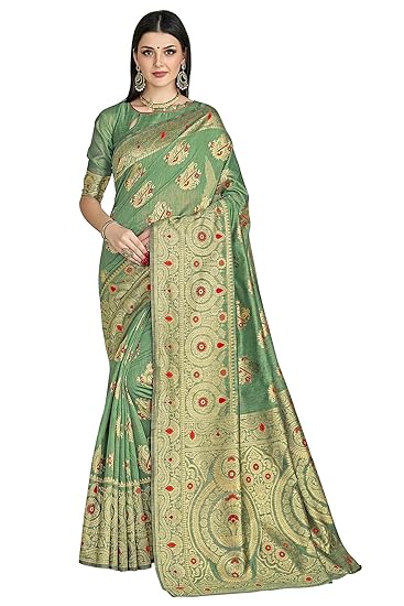 Women�s Cotton Blend Banarasi Saree (Bridal_Silk113_Green_Green)
