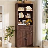 Cyclysio 80" Tall Bookcase with Drawer and Doors, Black Walnut | Wooden Farmhouse Bookshelves, Floor Standing 6 Shelf Display Storage Cabinet for Home Office, Living Room