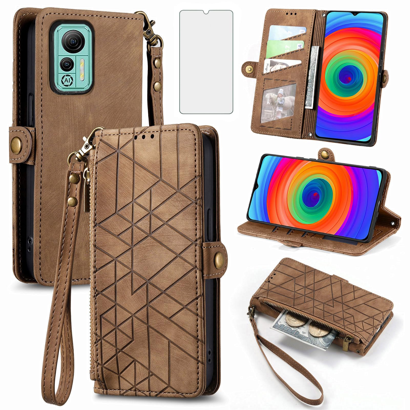 Asuwish Phone Case for Ulefone Note 14/14 Pro Wallet Cover with Tempered Glass Screen Protector and Wrist Strap Leather Flip Zipper Credit Card Holder Stand Cell Accessories 14Pro 2022 Women Men Brown