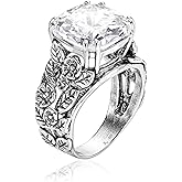 JEAN RACHEL JEWELRY 925 Sterling Silver Ring with Cushion Shaped Cubic Zirconia - Floral Leaf Vintage Design - Hypoallergenic, Lead & Nickel Free - Artisan Handcrafted Statement Rings for Women