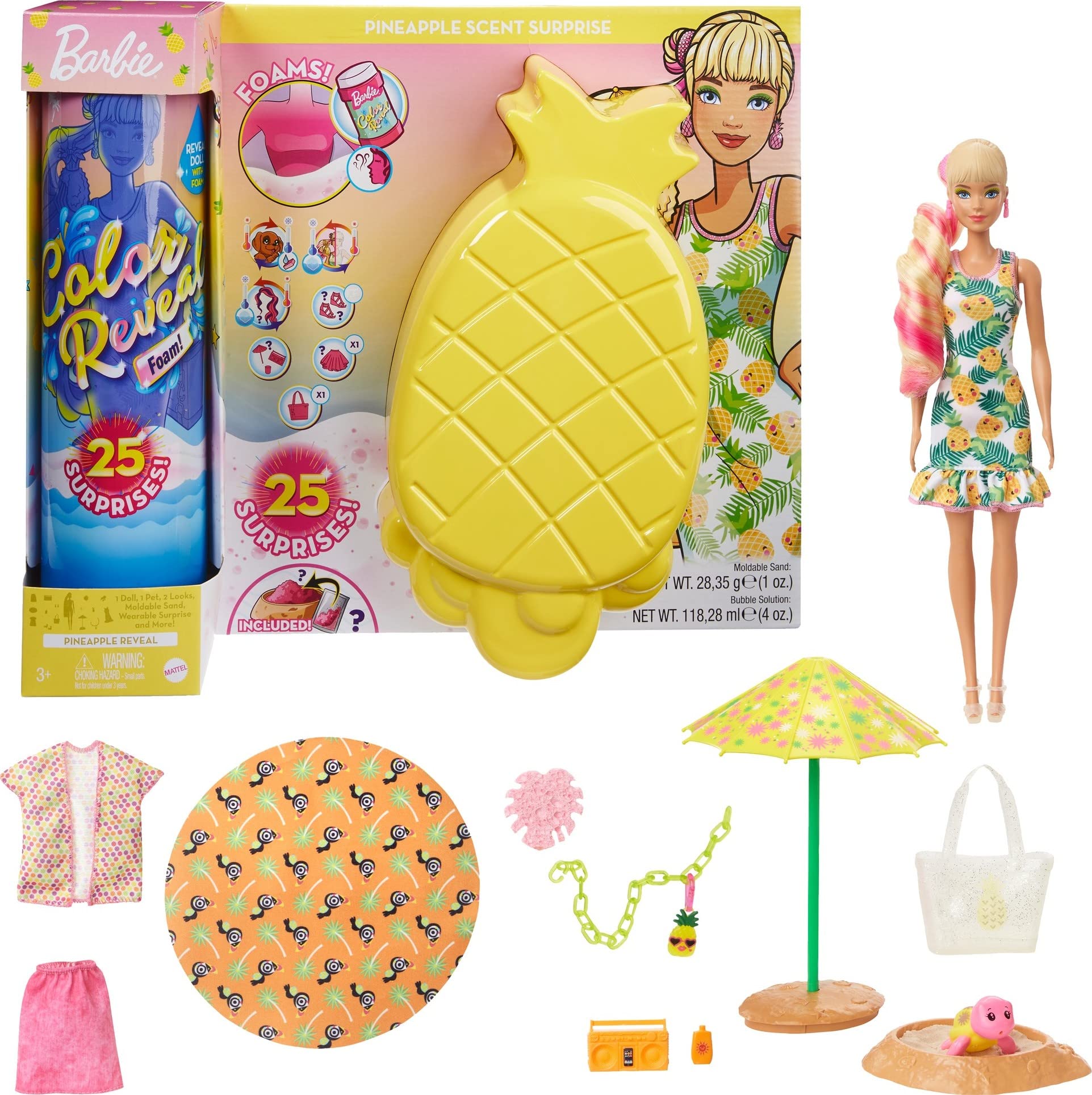 Barbie Color Reveal Foam! Doll and Pet Friend with 25 Surprises: Scented Bubble Solution, Outfits, Hair Extension, Accessories, Kid Bracelet & Charm Hidden in Sand, Gift for Kids 3 Years and Older