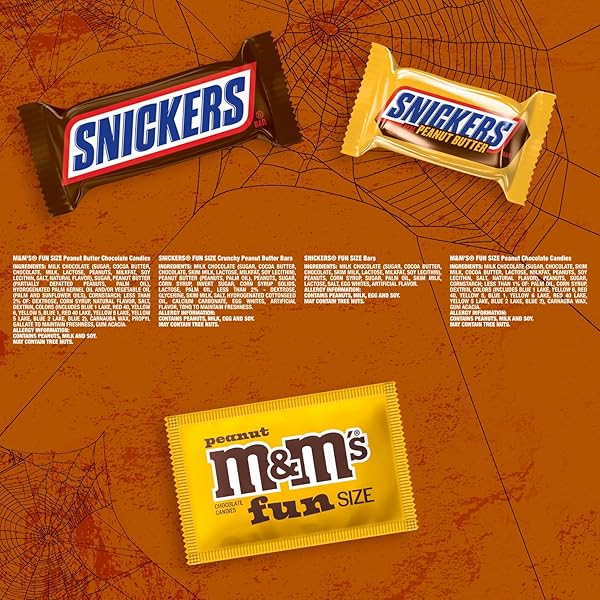 M&M’S PEANUT, SNICKERS CRUNCHY & SNICKERS ORIGINAL FUN SIZE TRICK OR TREAT INDIVIDUALLY WRAPPED MILK CHOCOLATE HALLOWEEN CANDY VARIETY ASSORTMENT, 35 CT BULK BAG