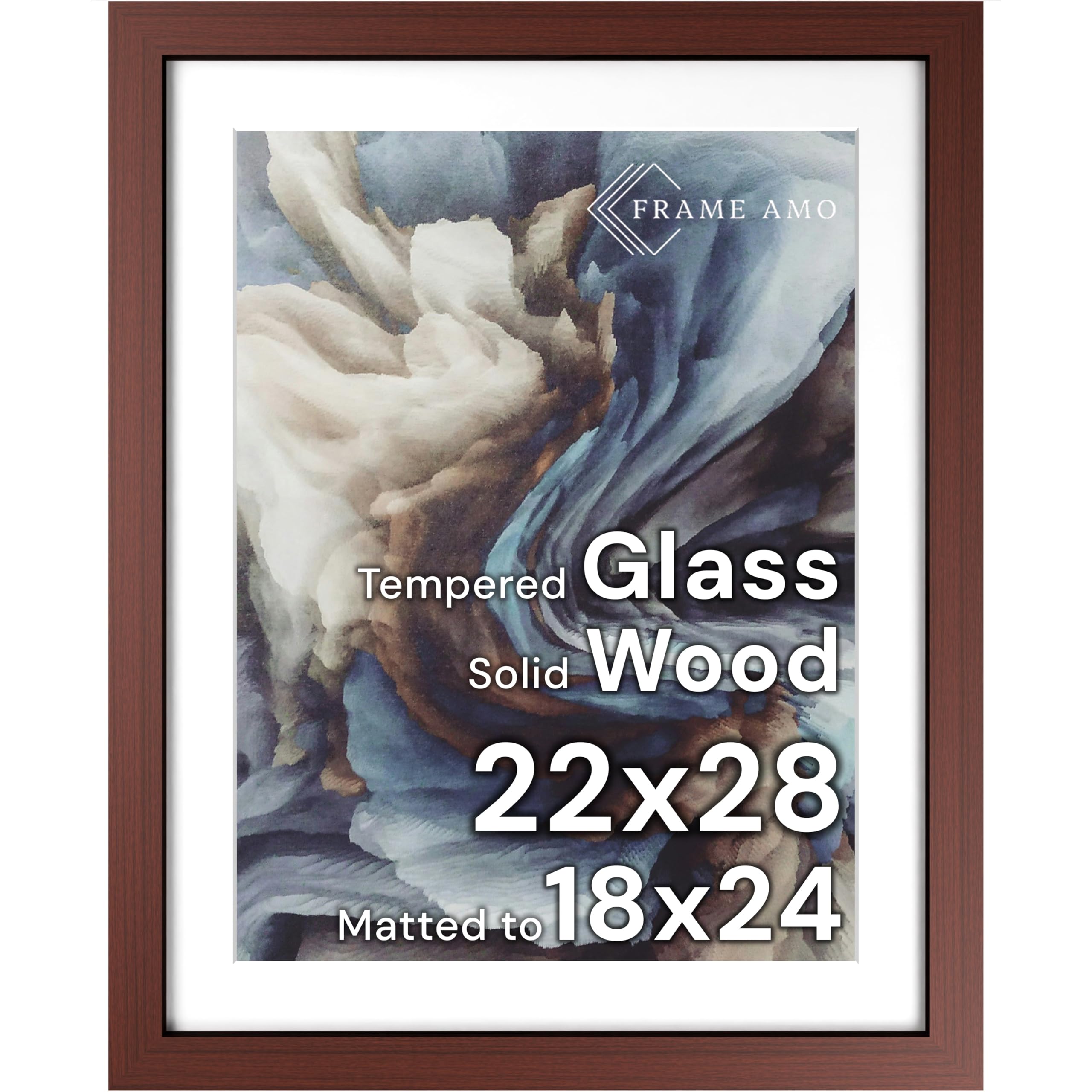 Frame Amo 22x28 Solid Wood Poster Frame Walnut Brown, White Mat for 18x24 Image, Tempered Glass Front, 1.5 inch Wide, 1 inch Thick, High-End, Heavy-Duty, Gallery Grade & Acid-Free