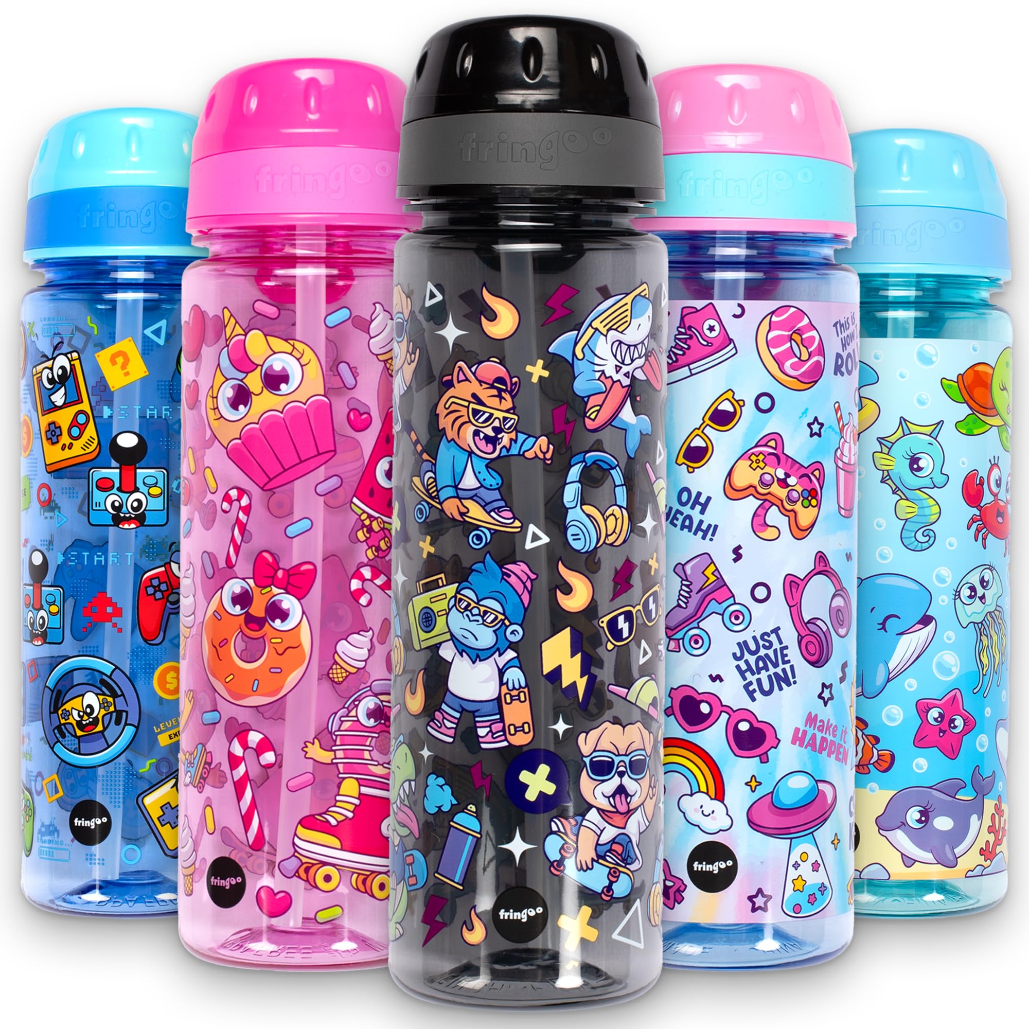 Fringoo Kids School Water Bottle - 650ml Straw Bottle with Carry Handle, Very Durable & 100% Leakproof, BPA-Free