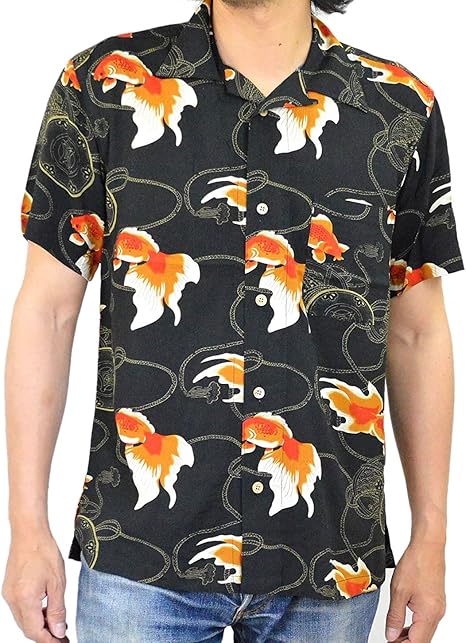 Amazon アダマス Adamas アロハシャツ 半袖 和柄 レーヨン 桜 金魚 黒 ブラック メンズ シャツ 通販