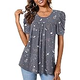 Anydeer Women Tunic Top Summer Short Puff Sleeve Chest Pleated Tshirts Casual Round Neck Blouse Loose Tee