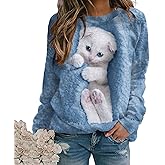 TIAFORD Womens Cute Cats Graphic Crewneck Sweatshirt Winter Trendy Casual Plus Size Long Sleeve Shirt for Cats Lovers