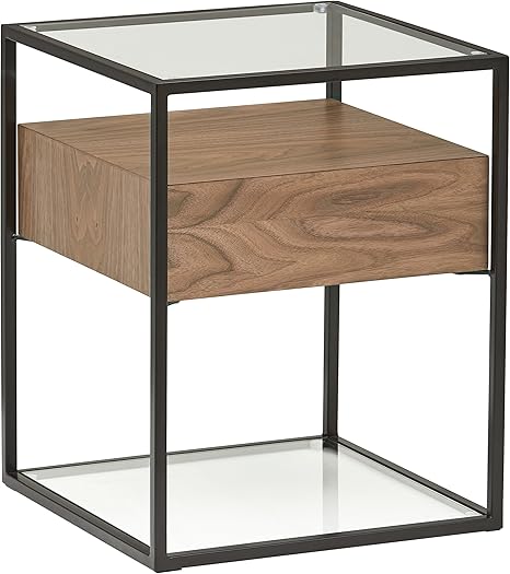Amazon Brand Rivet King Street 1 Drawer 1 Shelf End Side Table With Glass Top 43 X 54 X 43 Cm Mdf With Walnut Veneer Black Metal Glass Amazon Co Uk Kitchen Home