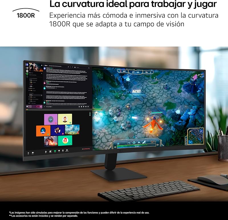 34U601B-B - Monitor UltraWide, 34", Curvo, 1800R, VA, WQHD, 3440x1440, 21:9, 120Hz, 120Hz, FreeSync, Premium, HDR10, SuperResolution+, HDMI, DP, Tilt, Preto Mate