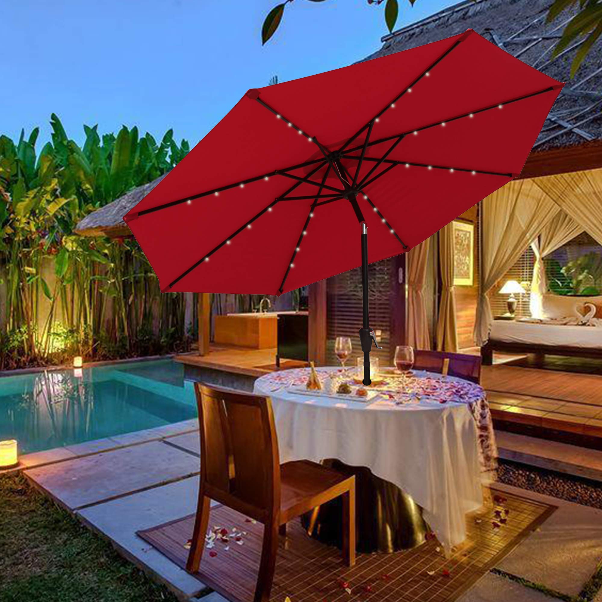 Patiorama 9 Feet Led Outdoor Patio Market Umbrella Solar Powered 32 Led Lights Push Button Tilt Crank Red Lavorist