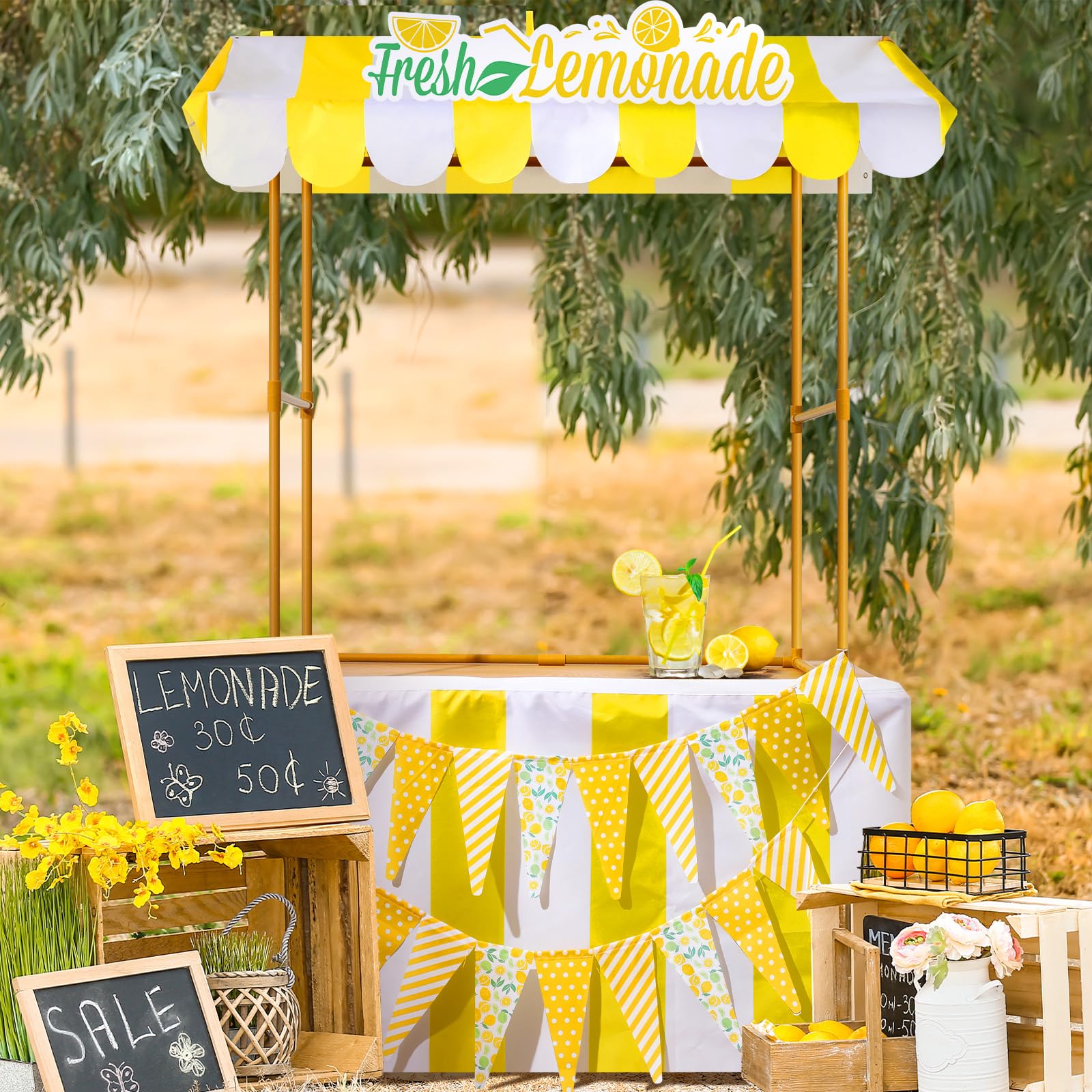 Photo 1 of Tioncy 6 Pcs Fresh Lemonade Stand Kits Hut Decor Include Shelf, Banner, Roof, Pennant, Table Skirt for Photo Props Outdoor Lemon Themed Party Decor