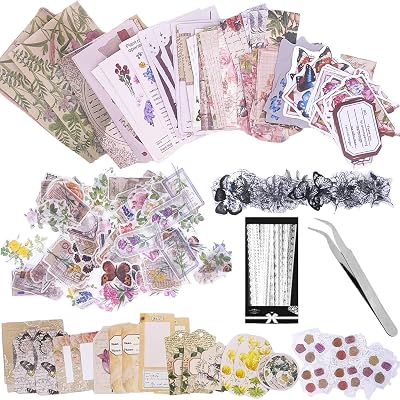 Carreuty 290pcs Aesthetic Scrapbooking Stickers Paper Pack Vintage Floral