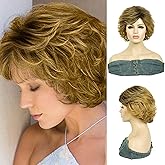 Kalyss Short Curly Wavy Blonde Wigs for Women Ombre Blonde Wigs with Hair Bangs Dark Roots Synthetic Full Hair Wig 10 Inches