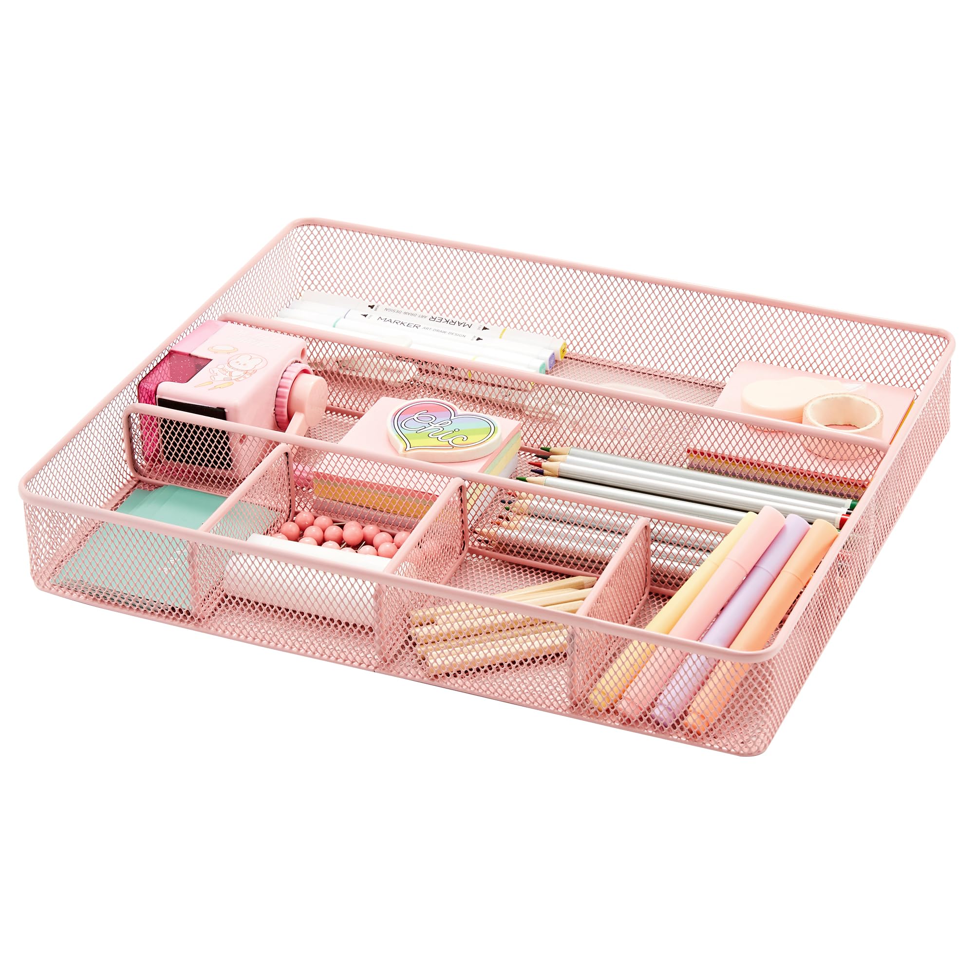 Annova Desk Drawer Organizer/Storage Tray - Metal Mesh with Dividers for Pens, Desktop Accessories, Bathroom, Kitchen, Makeup and Office Supplies (Light Pink)