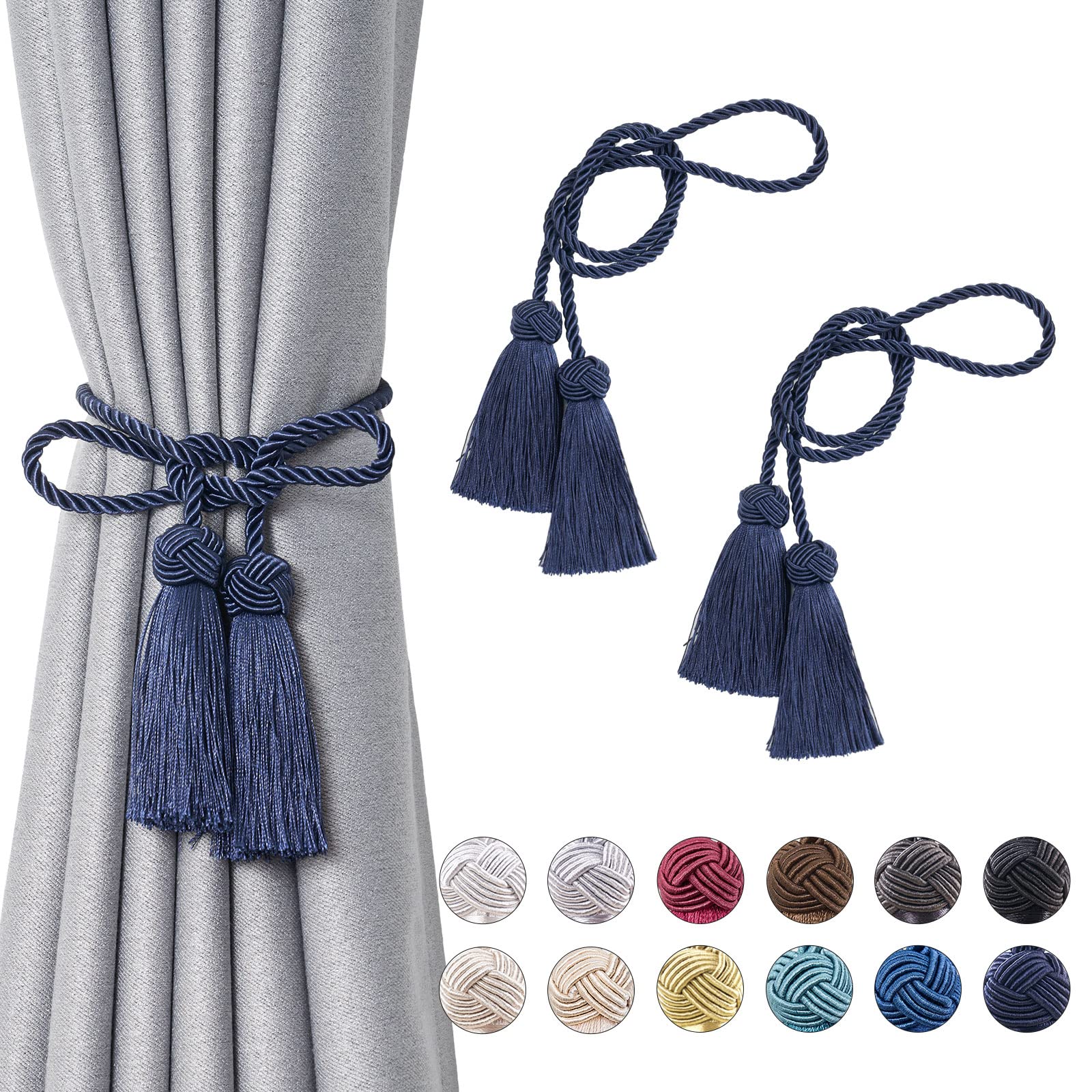 Pretty Jolly 2 Pack Double-ended Tassel Curtain Tiebacks Handmade Braided Rope Knot Drape Tie Backs European Style Decorative Curtain Holdbacks for Home & Office Window Drapery (Dark Blue) โ image 1