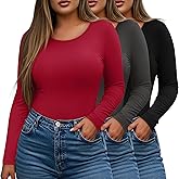 Evervibe 3 Pack Women's Plus Size Shirts Tops Scoop Neck Long Sleeve Tee Slim Fitted Stretchy Casual Basic Fall Winter Blouse
