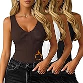 Yearntown 3 Pack Women's Thermal Tank Tops Fleece Sleeveless Undershirts Cotton V Neck Ribbed Camisole Vest Underwear Winter