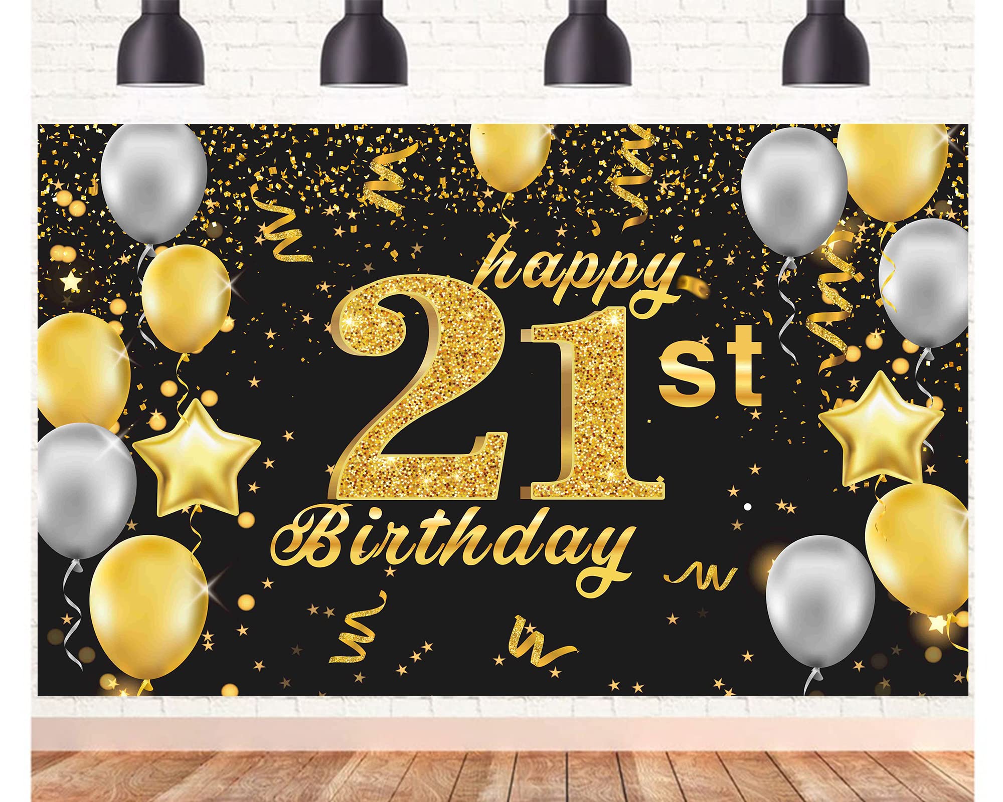 Happy 21st Birthday Banner,21st Birthday Decorations Black Gold,Party Backdrop Banner Fabric Banner.for Men Women 21stBirthday Photo Backdrop,Photography Background,Outdoor Garden Table Wall Decor