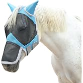 Gallopoff Horse Fly Mask with Ears &amp; Long Nose, Fine Mesh Pale Blue Full | Clear-View Mesh &amp; Roomy Eye Area, Soft Face &amp; Ear Mesh, Long Nose Cover, Forelock Opening, Fleece Trim, Dual Hook-and-Loop