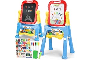 STEAM Life Large Art Easel for Kids, Double-Sided 4In1 Toddler Easel with Rotable Magnetic Chalkboard & White Drawing Board, Height Adjustable with Magnetic Letters & Numbers Gifts for Boys and Girls