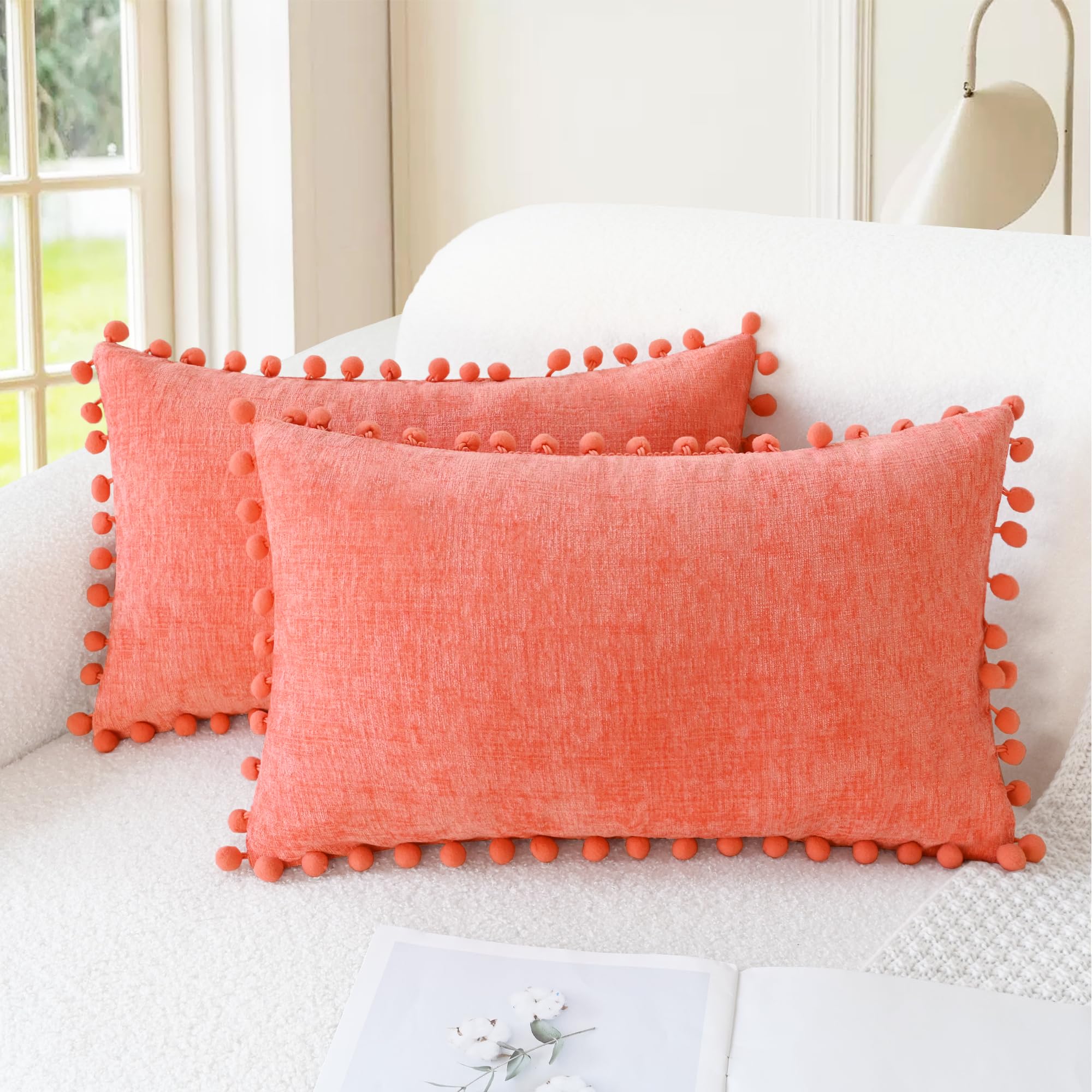 CaliTime Throw Pillow Cases Pack of 2 Cozy Solid Dyed Soft Chenille Cushion Covers with Pom Poms for Couch Sofa Home Decoration 30cm x 50cm Living Coral