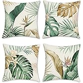 Bonhause Tropical Leaves Throw Pillow Covers 18 x 18 Inch Green Brown Leaf Decorative Pillow Cases Polyester Linen Outdoor Cushion Covers for Sofa Bed Home Decor Set of 4