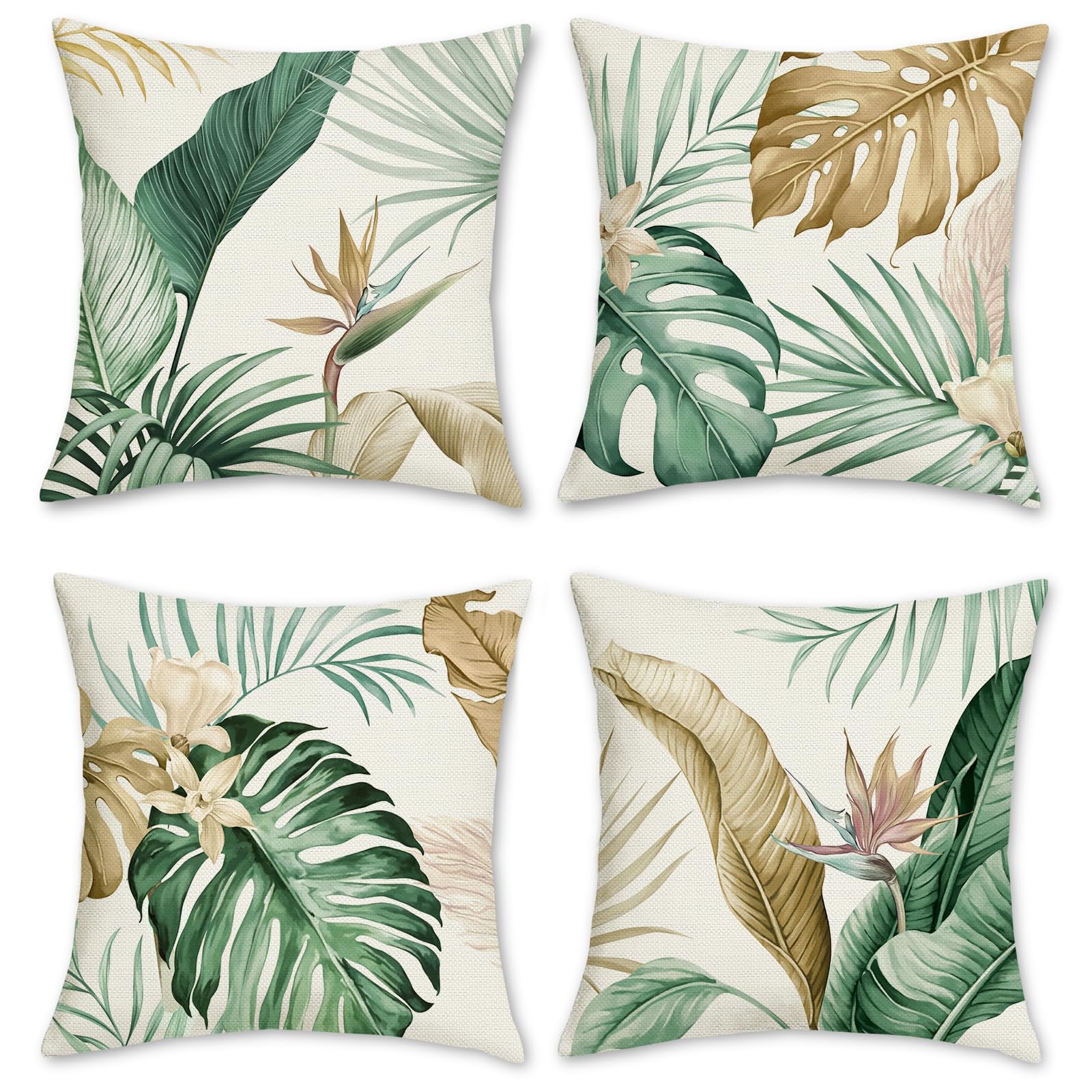 Bonhause Tropical Leaves Cushion Covers 45 x 45 cm Green Brown Leaf Decorative Throw Pillow Covers Polyester Linen Pillowcases for Sofa Home Garden Outdoor Summer Decor Set of 4 — image 1