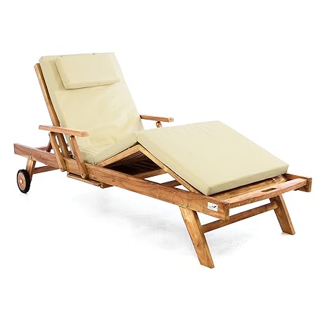 DIVERO Sonnenliege Holzliege Gartenliege Teak-Holz behandelt mehrfach verstellbar inkl. Räder Tablett + Liegen-Auflage 4-teil